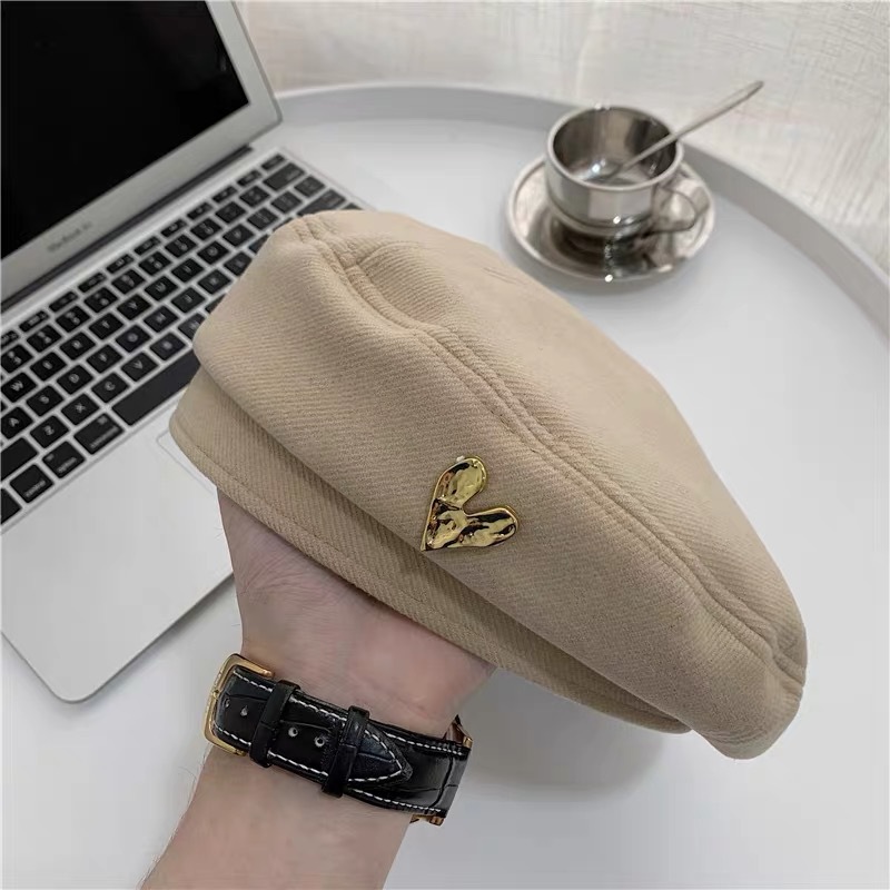 Nón nồi nữ trái tim chất nỉ dày dặn, mũ beret bánh tiêu hàn quốc - trieuvy