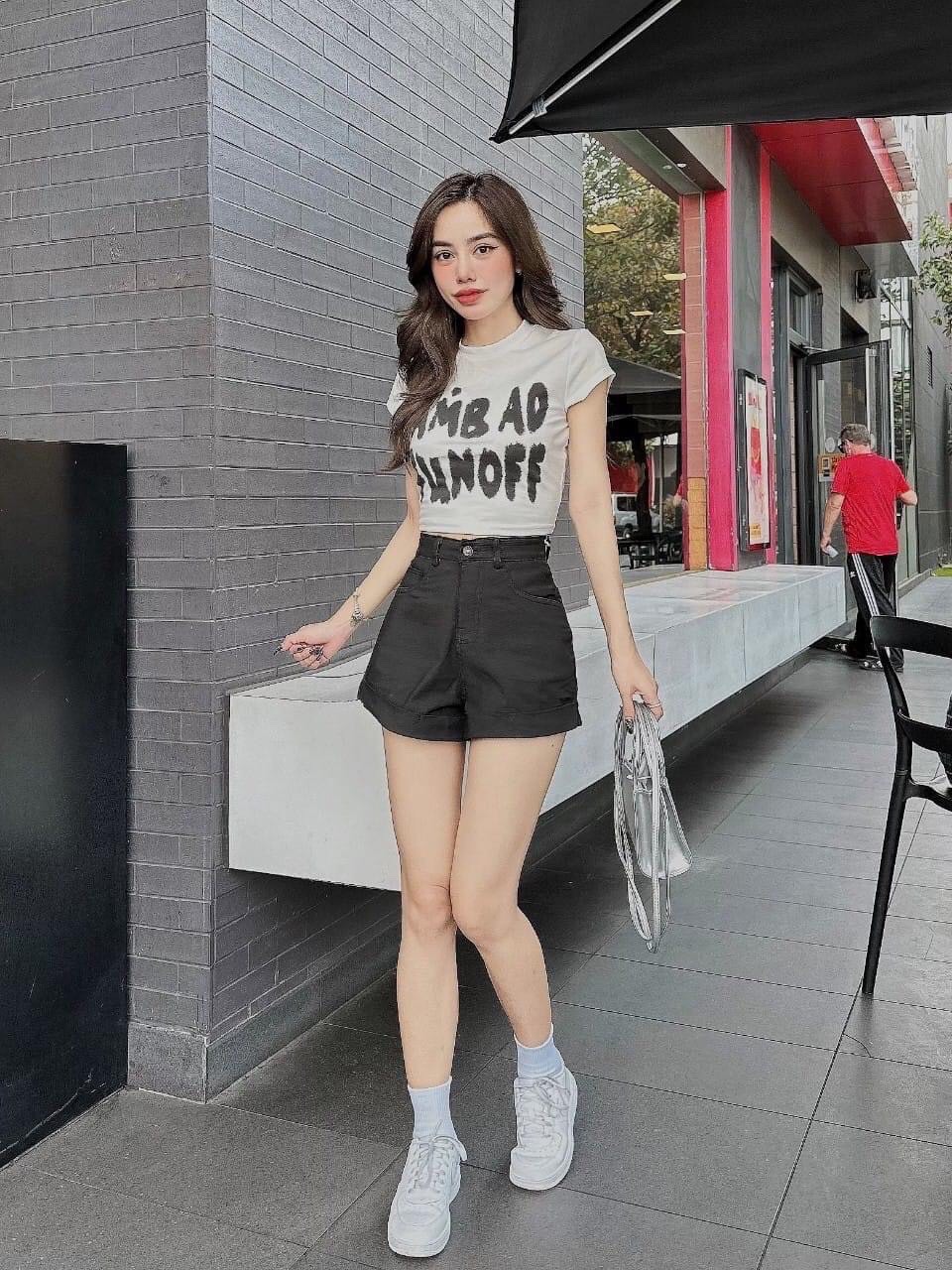 Quần short đùi kaki lưng cao co giãn gập lai Trơn