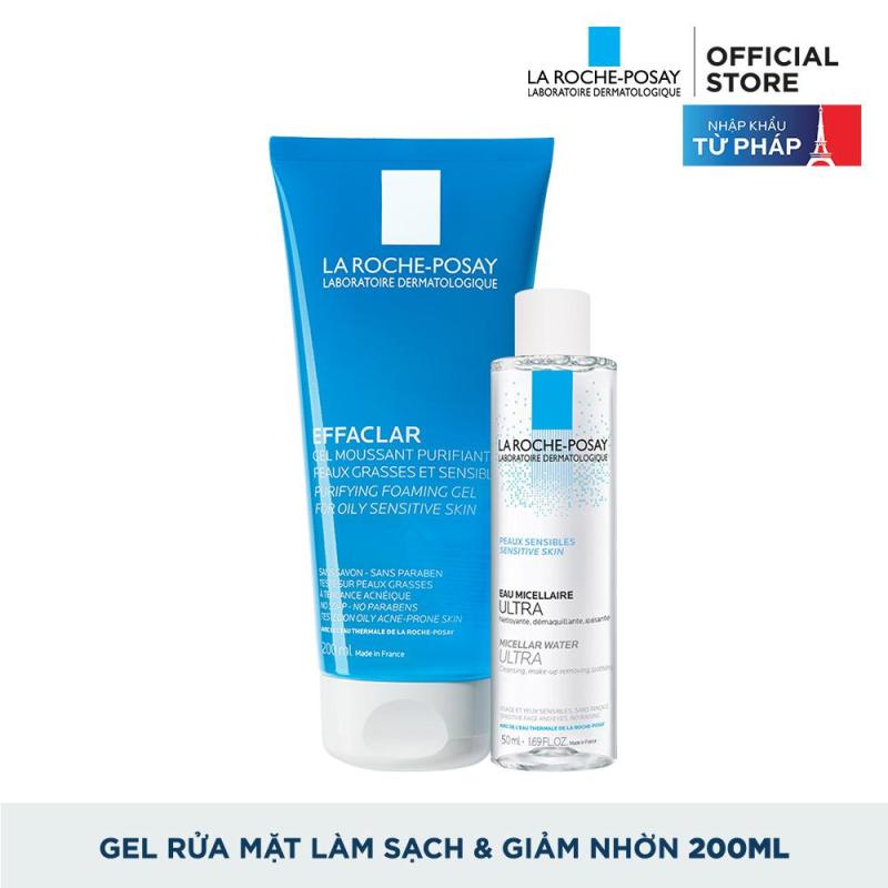Sữa rửa mặt tạo bọt làm sạch dành cho da dầu nhạy cảm La Roche-Posay Effaclar Gel For Oily Sensitive Skin 200ml + Tặng Tẩy trang dành cho da dầu mụn Micellar water 50ml giá rẻ