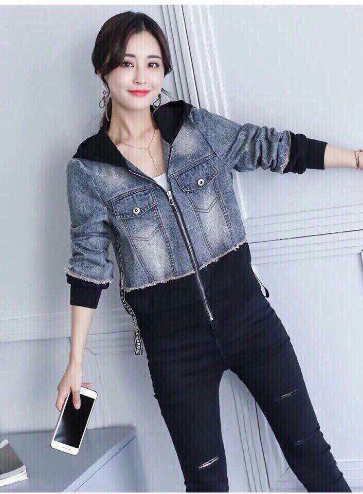 Áo khoát jean phối thun có nón