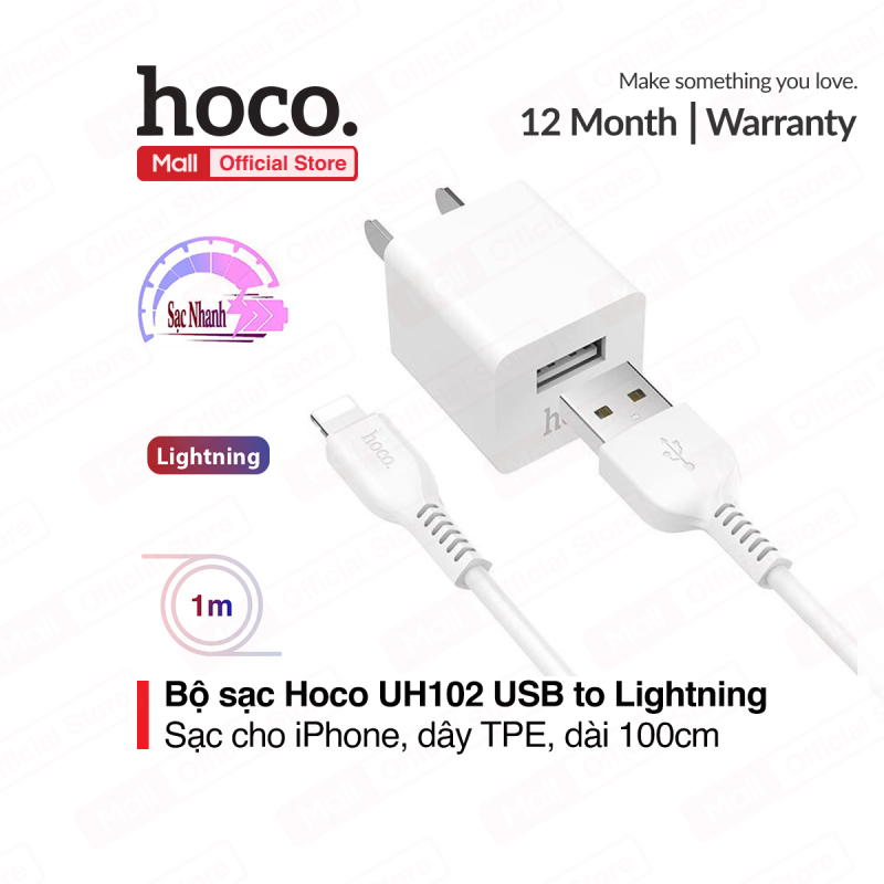 Bộ sạc Hoco UH102 USB to Lightning dành cho iPhone5/5s/5se/6/6s, dây chất liệu TPE bền, chiều dài 100cm