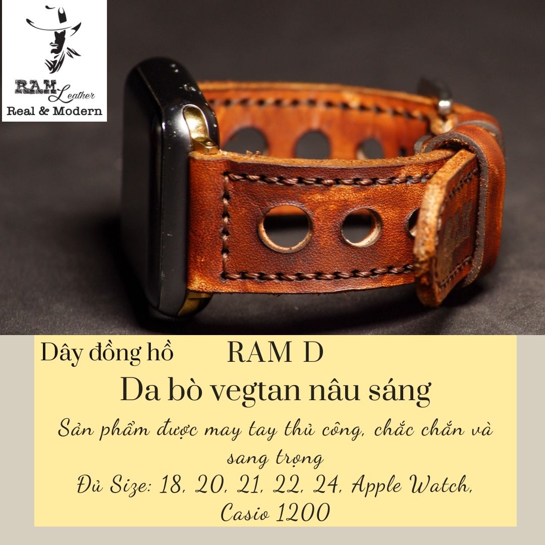 Dây da đồng hồ Siêu bền Da Bò Vegtan Ý RAM Leather D33 Nâu Sáng Hàng Chính Hãng RAM Leather