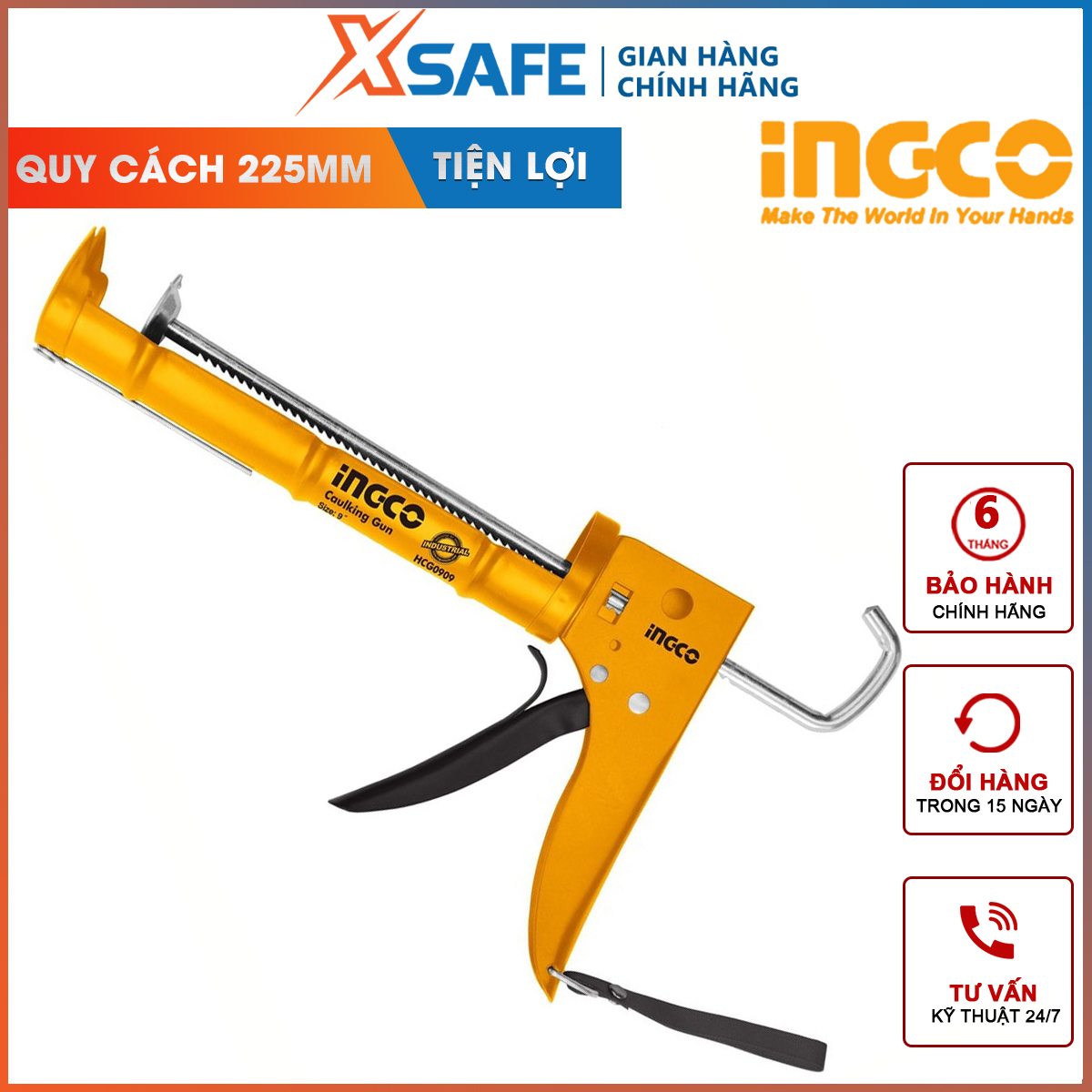 Súng bắn keo có trợ lực INGCO HCG0909 | dụng cụ bơm silicon kích thước 9 thân nhôm hợp kim bơm keo chống thấm sàn mái bê tông, công trình cần trám, bít