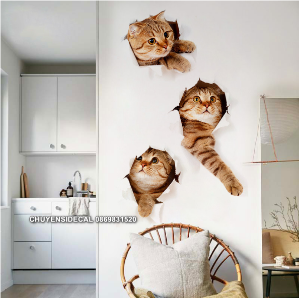 Decal trang trí tường - 3 Con Mèo 3D siêu phá