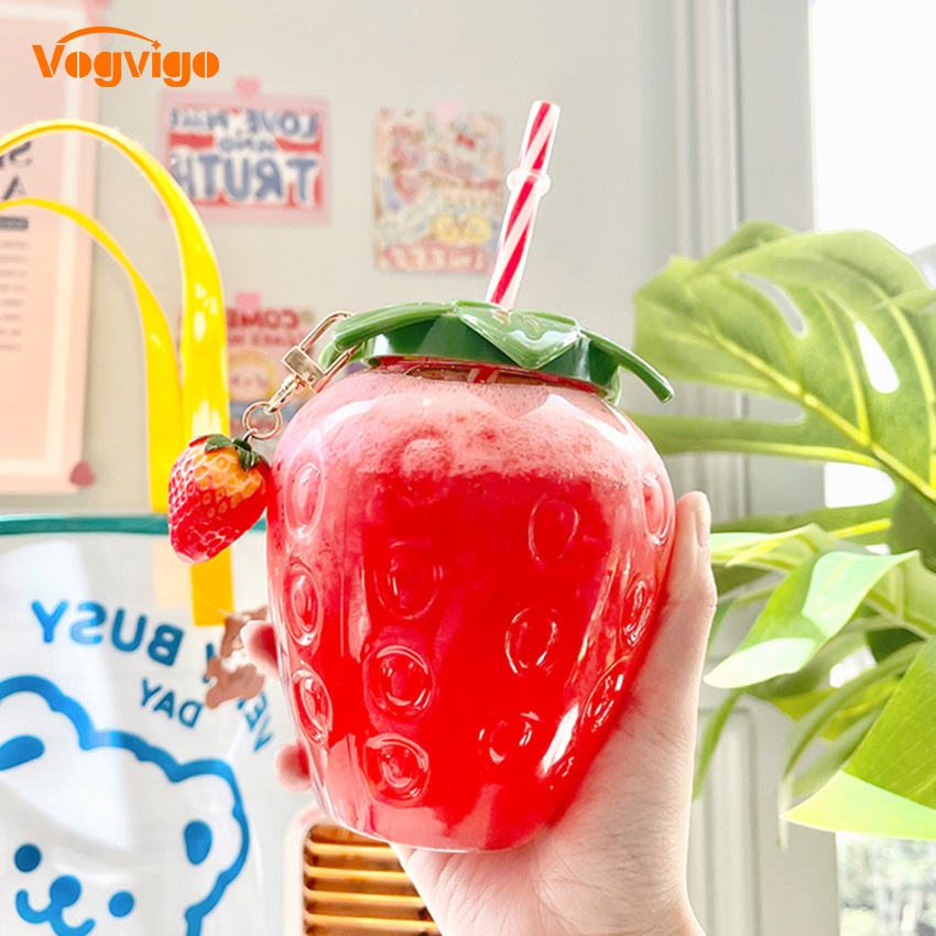 Summer Cartoon Kawaii Strawberry Straw Cup Plastic Cup Lovely Girl Milk Tea Coffee Cup Student Portable Water Cup Water Bottle