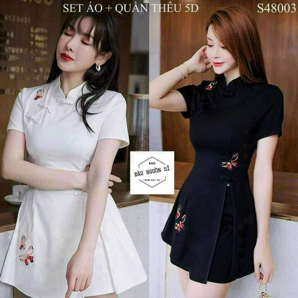 SÉT SƯỜN SÁM KÈM QUẦN CHẤT ĐŨI THÊU BƯỚM DỄ THƯƠNG