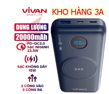 Pin sạc dự phòng không dây 20000mah vivan vpb-w20 hiển thị đèn thông minh không dây 3 cổng sạc nhanh 15w qc3.0 pd