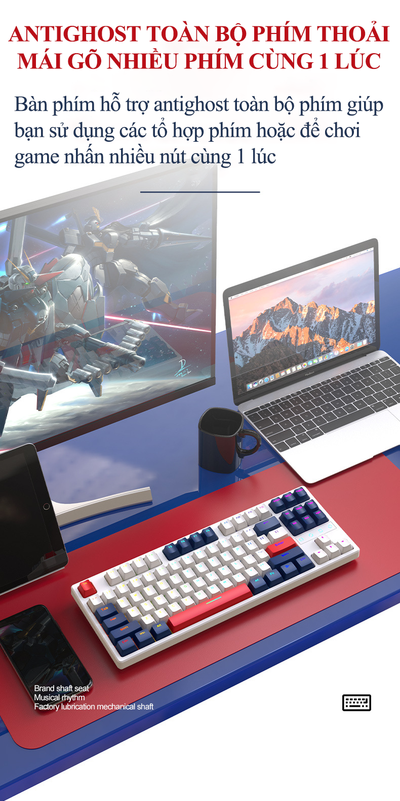 Bàn phím cơ không dây K87 kết nối 3 chế độ với thiết kế TKL 87 phím có đèn led RGB 22 chế độ cực đẹp và có Hotswap