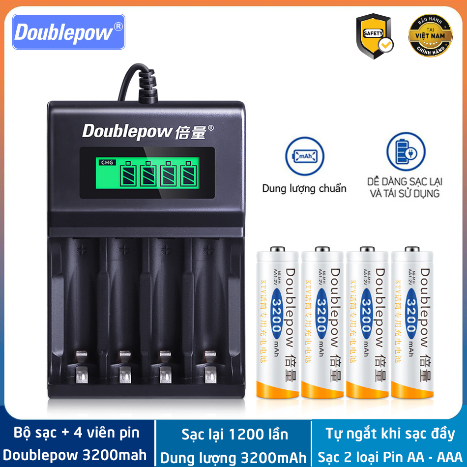 Combo bộ sạc pin đa năng doublepow dp-k93b và 4 viên pin sạc aa 3200 mah - hàng chính hãng