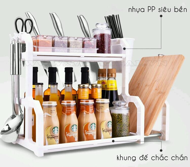 Kệ đựng gia vị và đồ dùng phòng bếp kèm giá để dao thớt có móc treo đồ, kệ đồ đa năng 2 tầng - chất đẹp