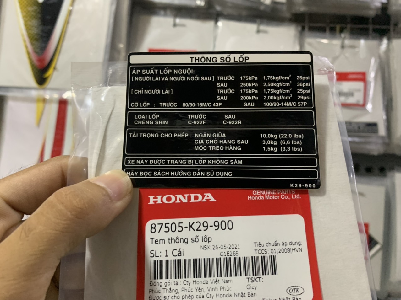Tem thông số lốp SH Mode zin ( 1 miếng )