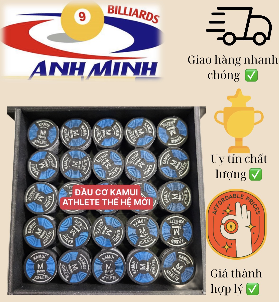 [HCM]Đầu cơ bida KAMUI kiếng/không kiếng hàng Đài/Nhật 485k/c