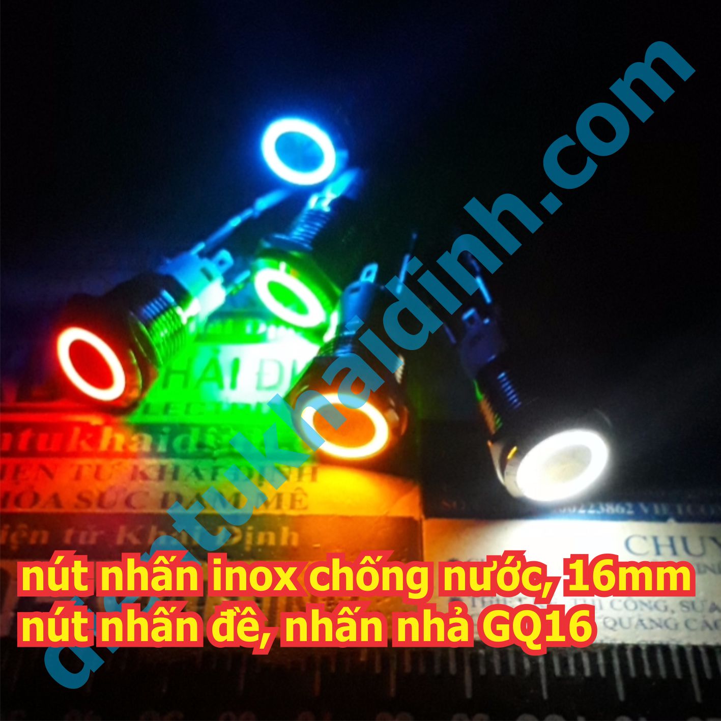 nút nhấn inox chống nước, dạng tròn khoét lỗ 16mm, nút nhấn đề, nhấn nhả GQ16 đầu lồi led vòng tròn có 5 màu kde4679