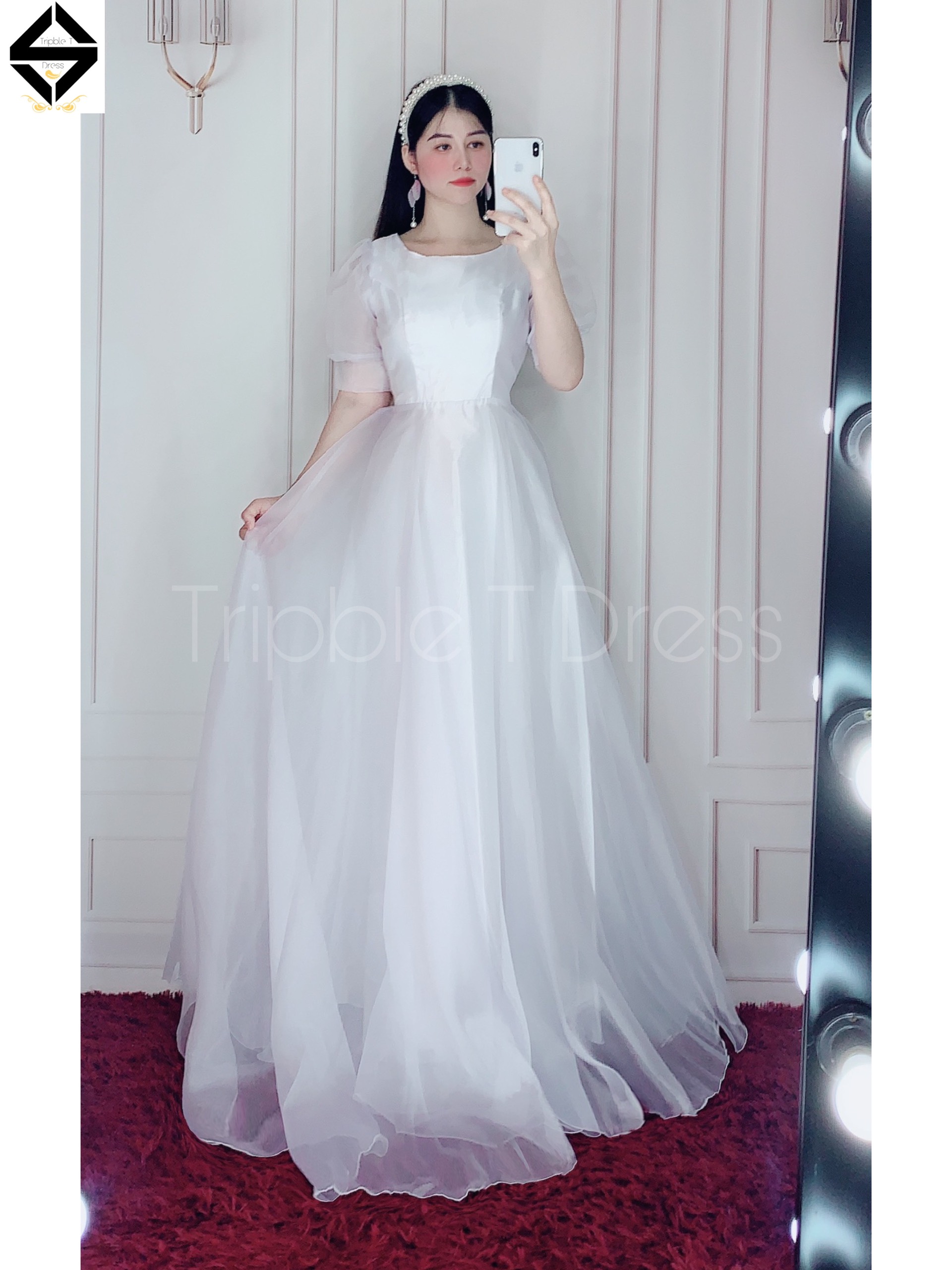 Đầm maxi mặc cưới tay ngắn phồng chất voan kính bóng TRIPBLE T DRESS - size M/L -MS32Y
