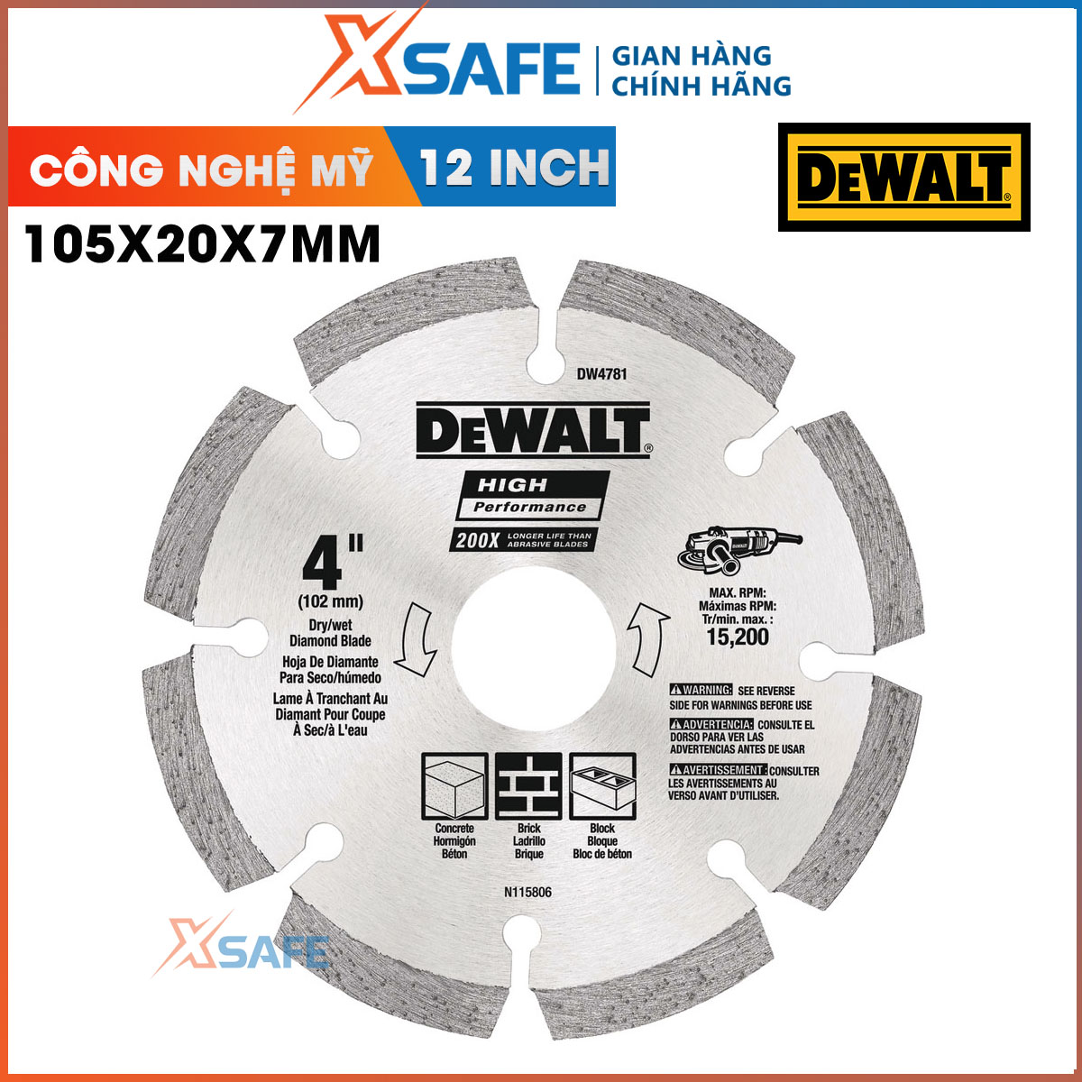 Tile cutting disc 105x20mm 7mm DeWalt dw4781-b1 American technology. Cutting disc DeWalt have blade diameter 105mm, used for cutting concrete brick stone-distribution genuine xsafe