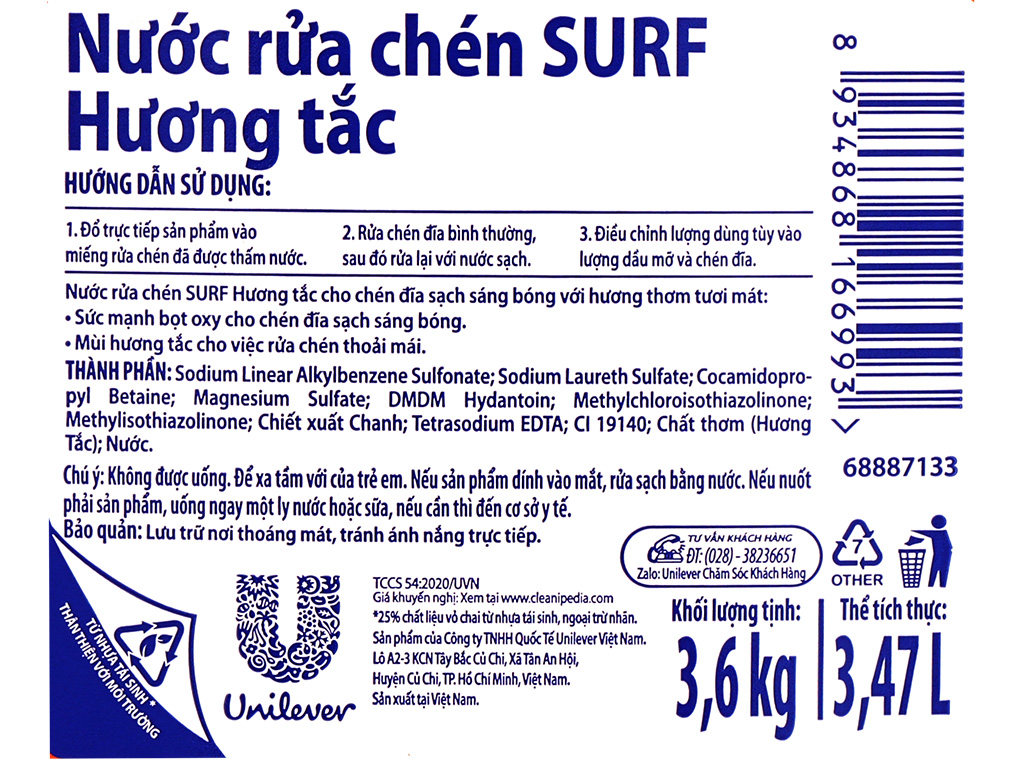 Nước Rửa Chén Surf Hương Tắc (Cam) Can 3.5KG