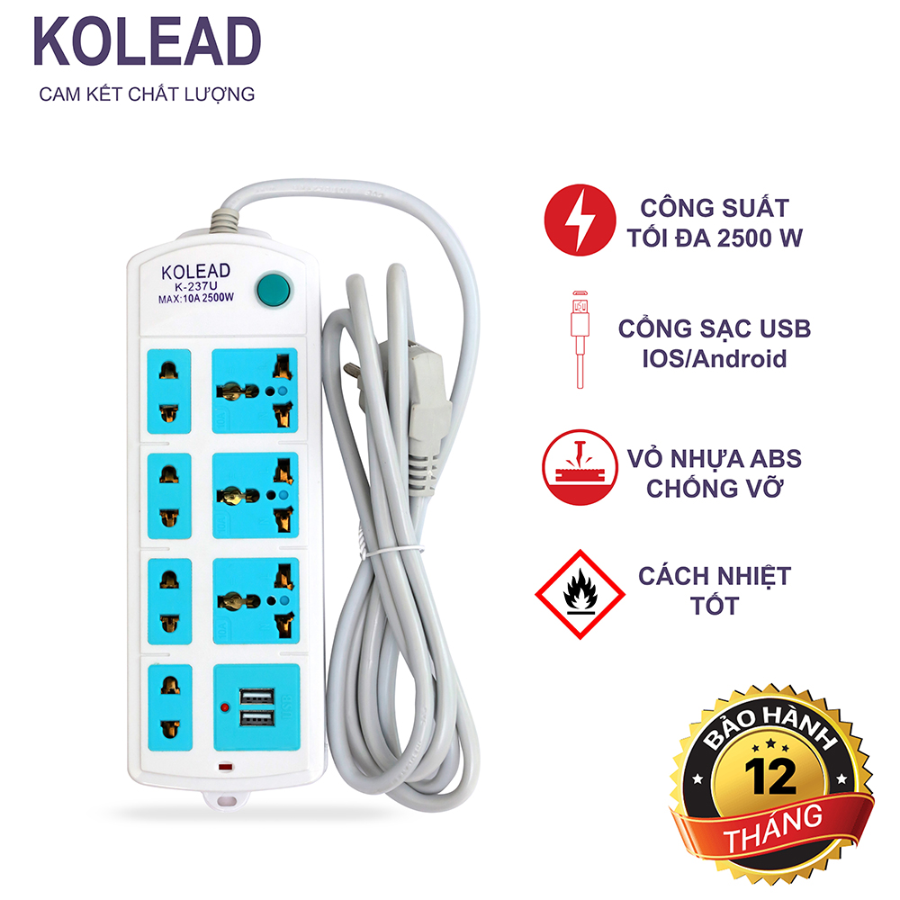 Ổ cắm điện đa năng có USB Kolead 7 cổng và 9 cổng 2500W 10A màu trắng nhựa ABS chịu nhiệt và chịu được va đập mạnh K-237U - Phích cắm điện đa năng, phich cam dien da nang