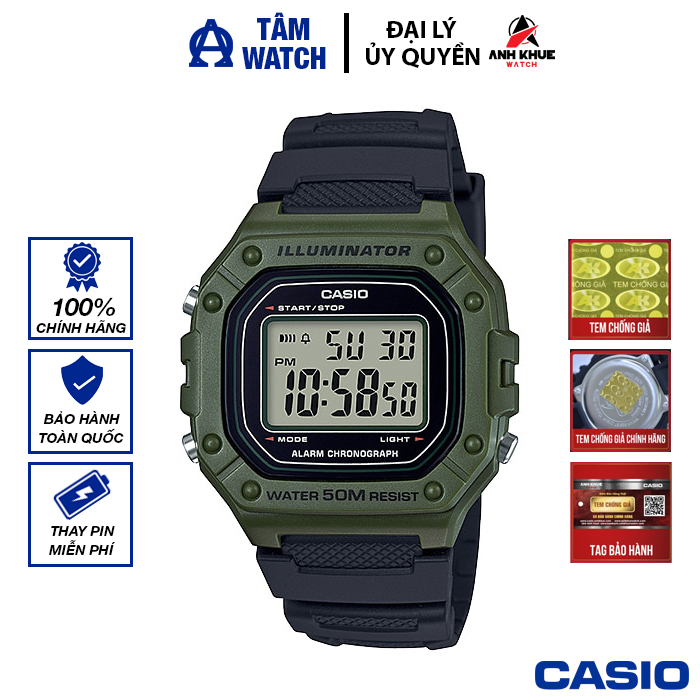 Đồng hồ nam dây nhựa Casio Standard chính hãng Anh Khuê W-218 Series (43mm)