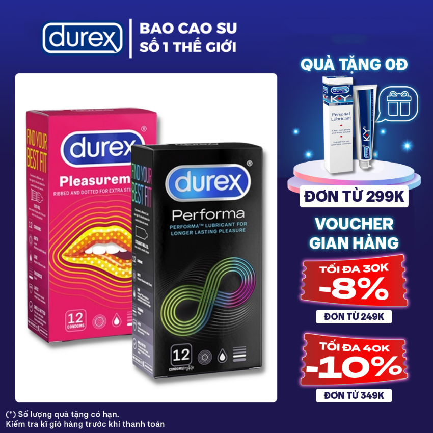 2 Hộp Bao cao su nam nữ Durex Performa kéo dài thời gian quan hệ + Durex Pleasuremax gân gai [Che tên SP 100%]