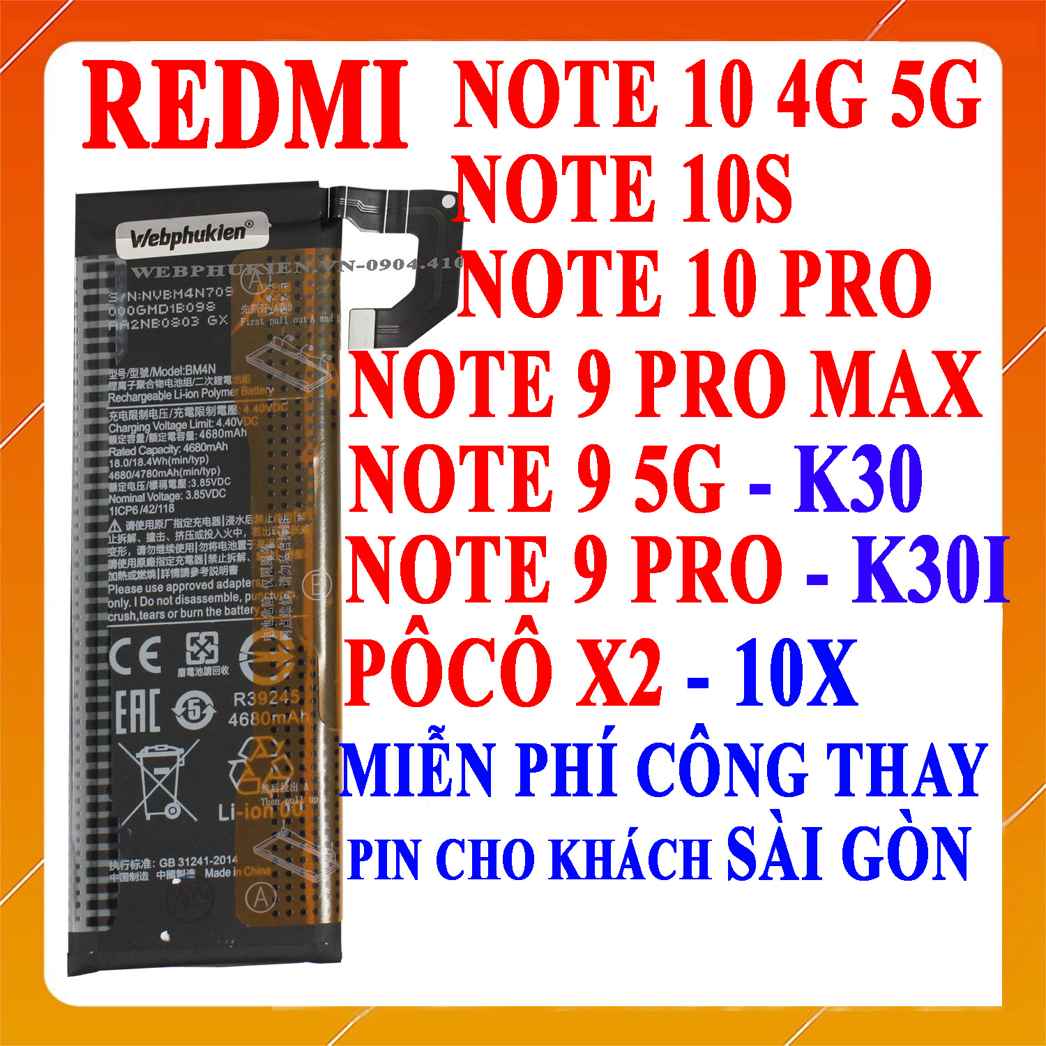 Pin Scud cho Xiaomi Redmi Note 9 Pro Max, Redmi Note 10S, Redmi Note 10 Pro, Redmi Note 11E, Redmi Note 11S, Redmi Note 12