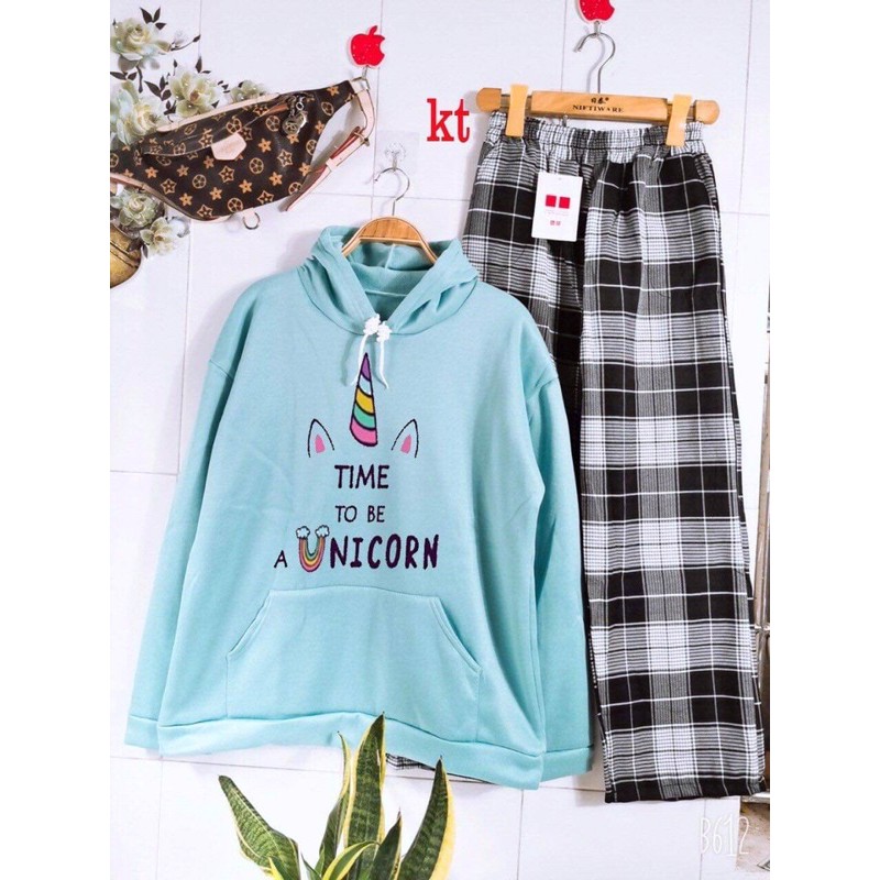 [FREESHIP] set bộ áo hoodie nỉ bông + quần kẻ ống suông rộng bộ áo hodie unicorn quần kẻ caro ô vuông