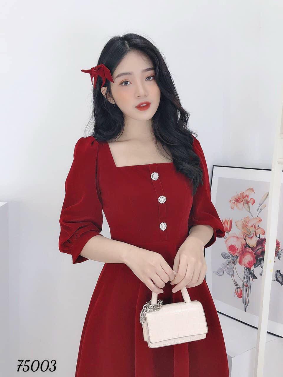Đầm xòe dự tiệc cổ vuông phối nút siêu dễ thương