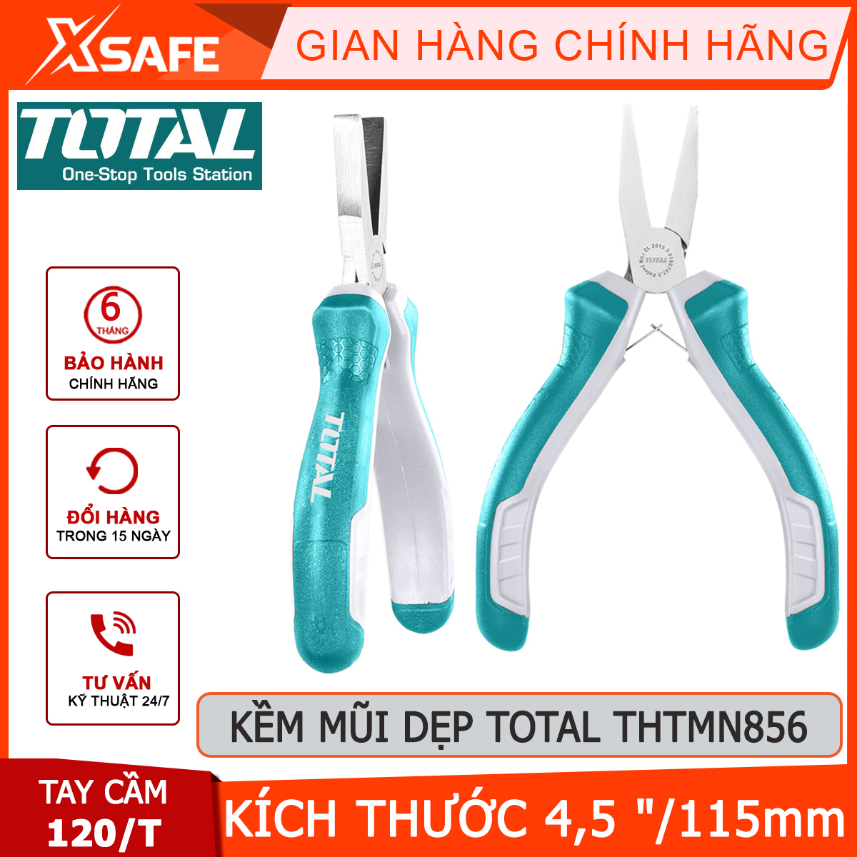 Kềm mũi dẹp total thtmn856 | kìm mũi dẹp kích thước: 4,5 "/ 115mm,thép cr-v, tay cầm cách điện,chống trơn, xoay ốc vít