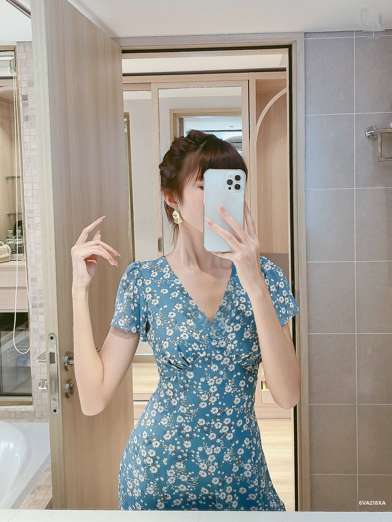 [HCM]ĐẦM MAXI HOA  CỔ TIM BLUE