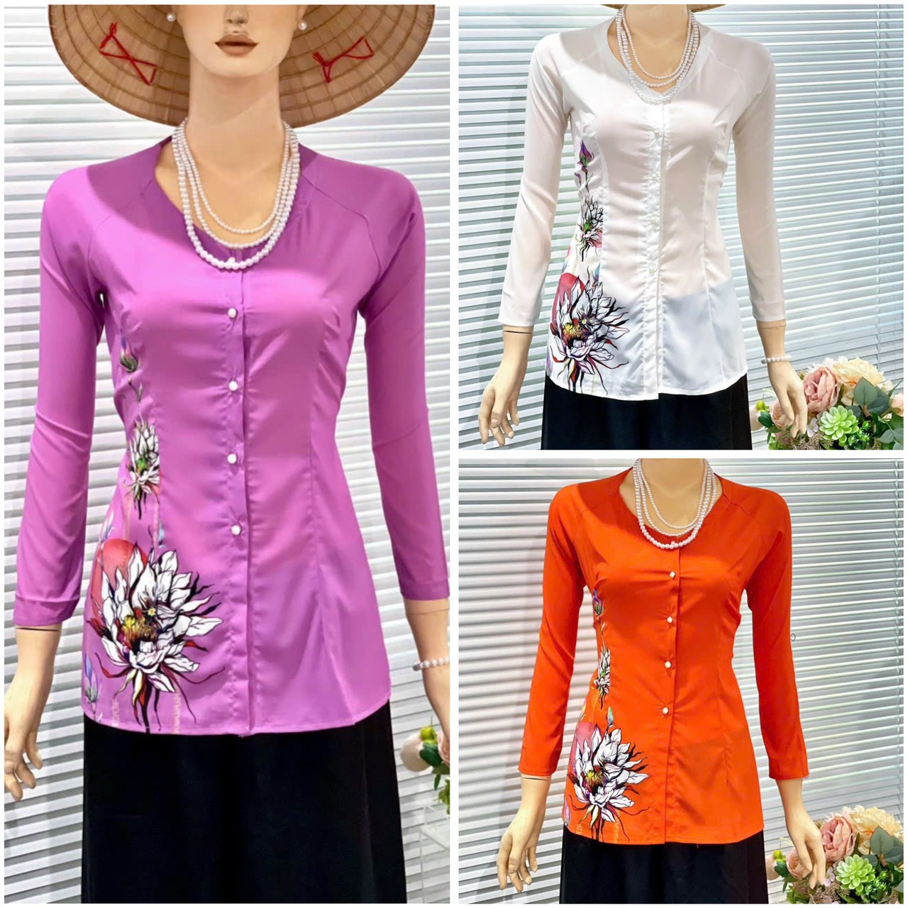 ÁO BÀ BA LỤA IN HOA ĐÀO XINH