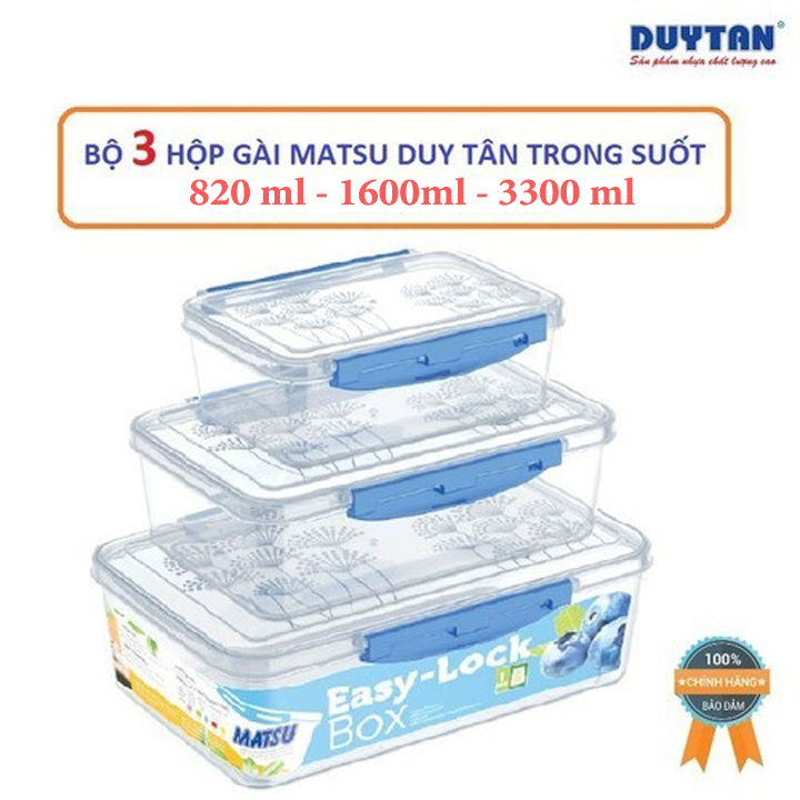 Bộ 3 Hộp Gài Matsu Duy Tân 820ml - 1600ml - 2600ml lớn chịu nhiệt tốt nắp đậy kín và bền đẹp cao cấp