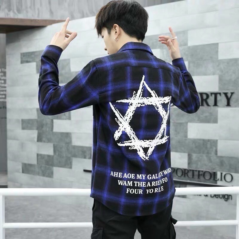 Áo khoác sơ mi unisex caro cao cấp in hình ngôi sao unisex