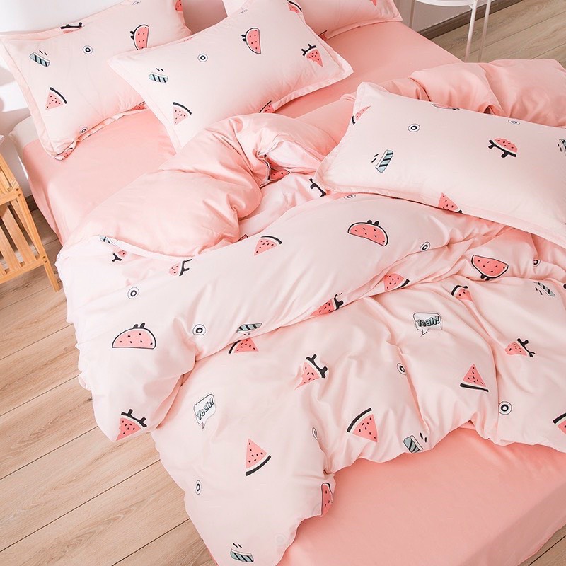 Chăn ga gối cotton poly - Mẫu dưa hấu hồng.