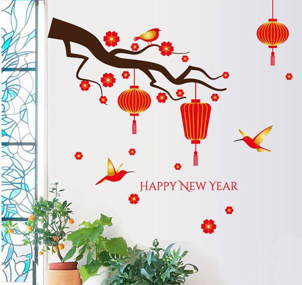 Decal trang trí tết Hoa Mai Cành Đào Lồng Đèn  Con Lân HPMTET