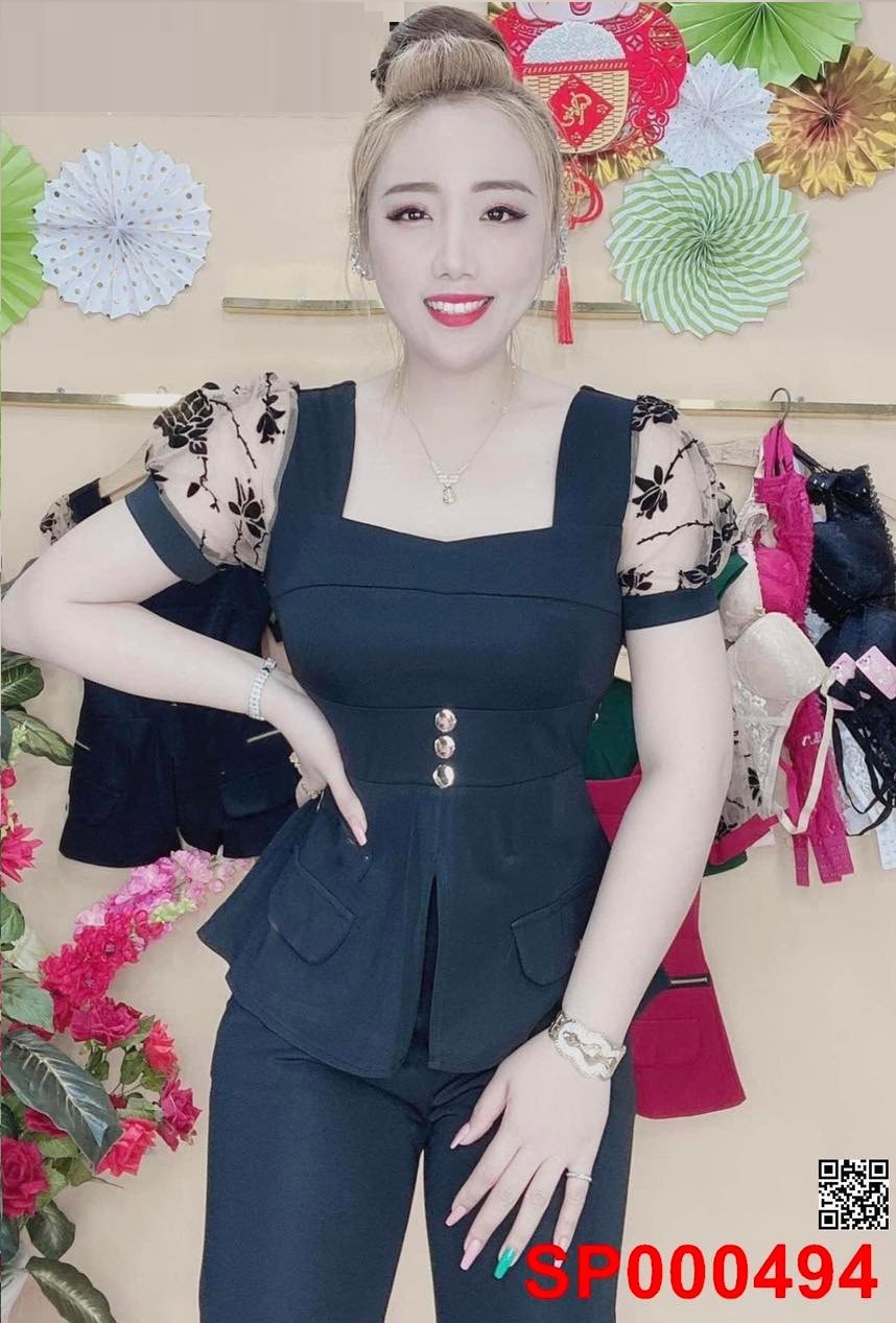 Đồ bộ thun, quần dài áo cộc tay, cổ vuông, tay bồng phối lưới, vạt xẻ.