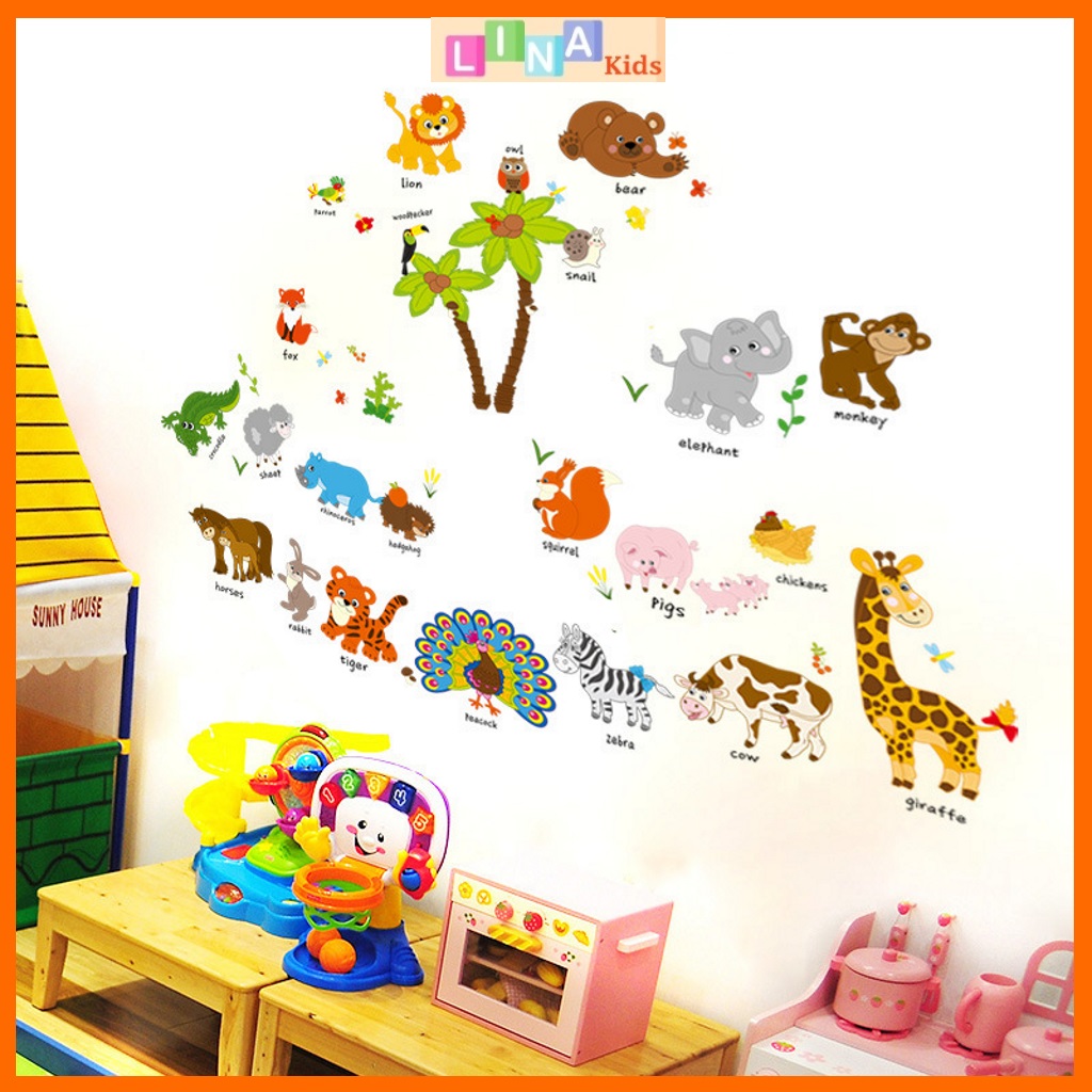 Decal dán tường vườn thú tiếng Anh (mẫu cây cọ to) - LINA Kids
