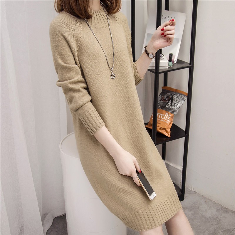 áo len dáng dài- váy len suông cổ cao