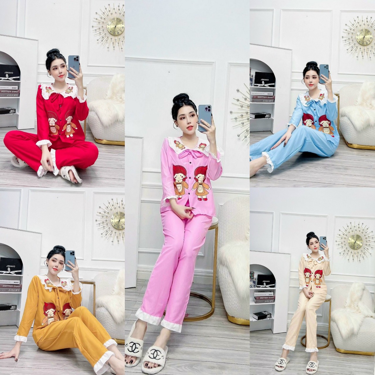 Đồ bộ nữ-set bộ pijama tay dài quần dài kate lụa họa tiết bò sữa siêu hot