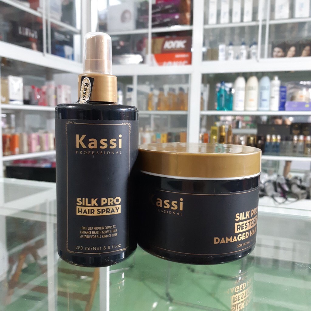 COMBO Xịt dưỡng và Kem hấp tóc phục hồi hư tổn Kassi Silk Pro Repair 300ml