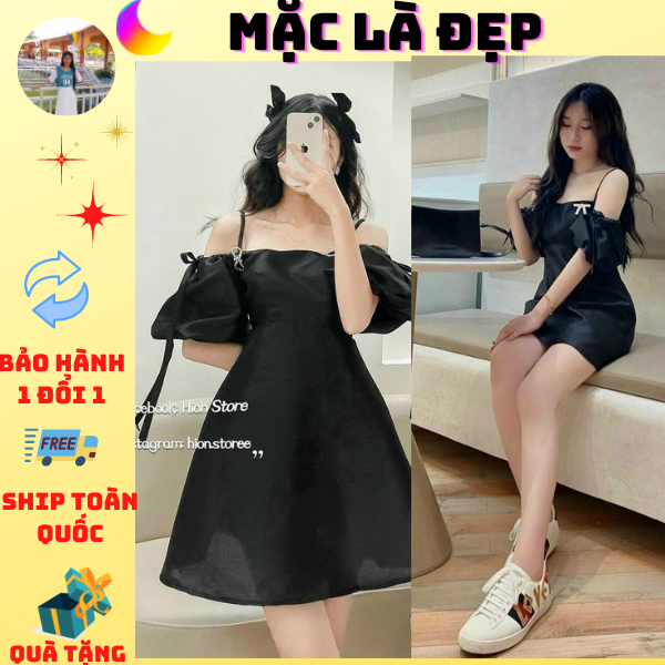 ( Hàng có sẵn) ĐẦM ĐEN 2S RỚT TAY PHỒNG ĐÍNH NƠ JL7