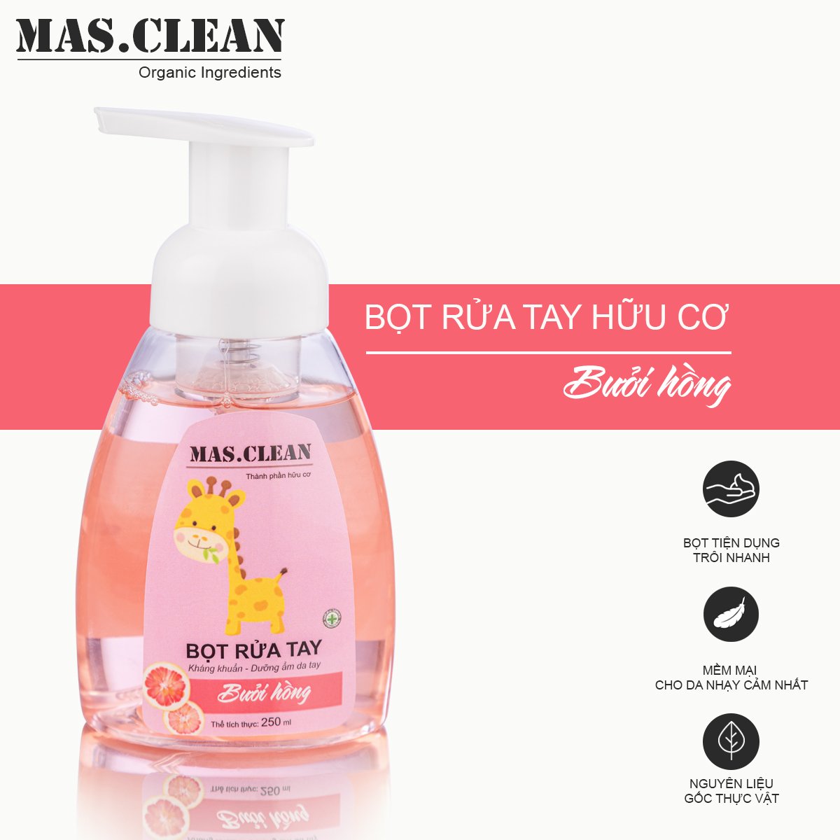 Nước rửa tay bọt hữu cơ Mas.Clean - chai 250ml