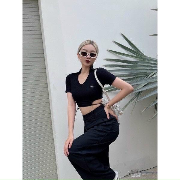 h90 áo croptop phối cổ v khoét eo cá tính