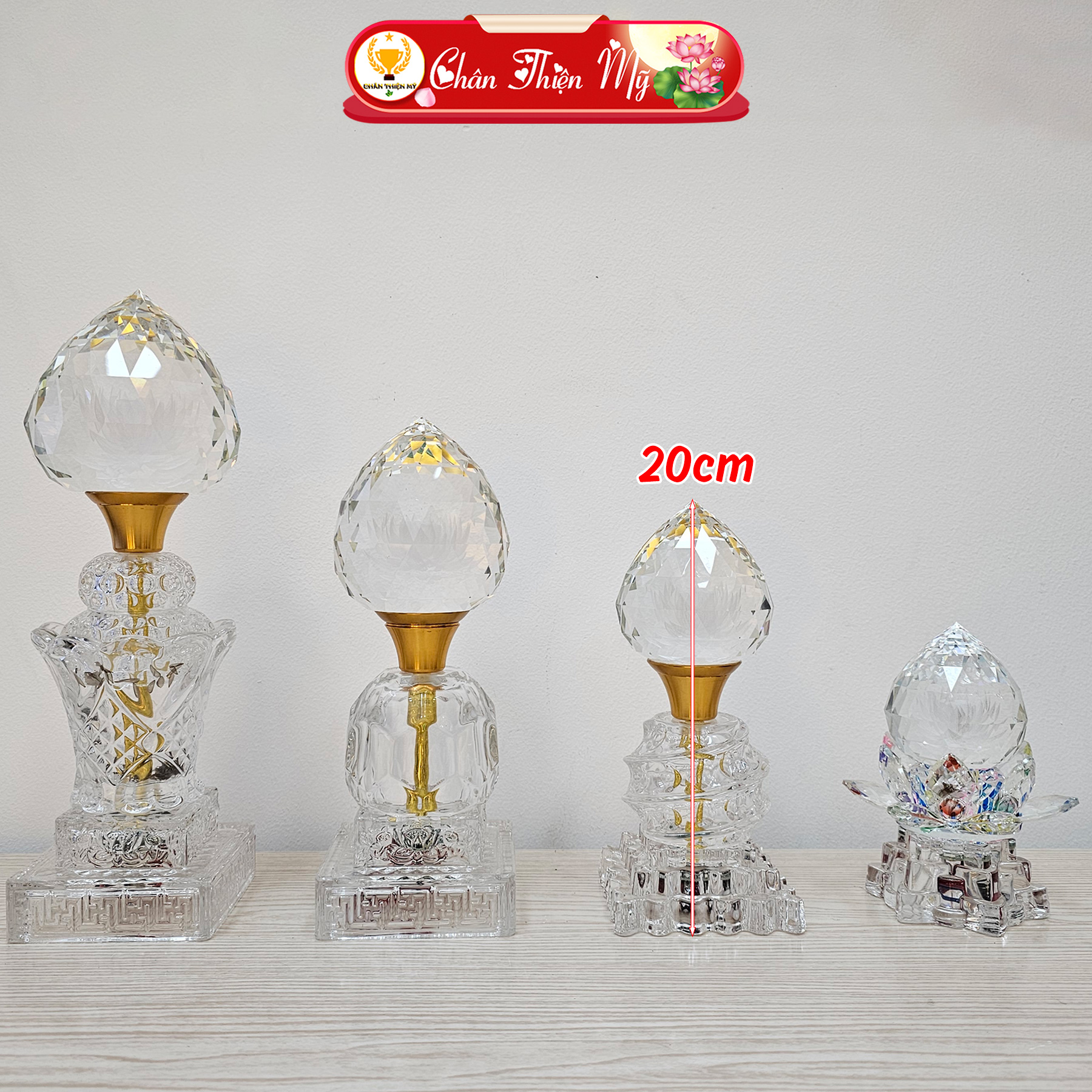 Đèn pha lê quả đào nguyên khối có led đổi màu chân thiện mỹ, đồ thờ cúng, trang trí bàn thờ gia tiên cao cấp