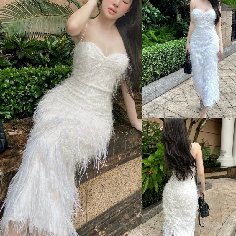 Đầm Dạ Hội Lông Vũ Dây Kết Cườm (Có Mút NGực)