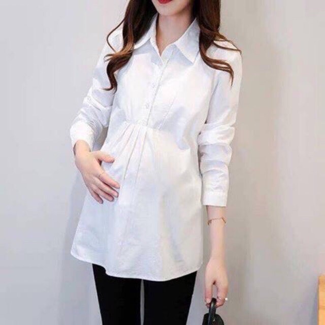 Áo bầu sơ mi trắng dài tay xinh mới