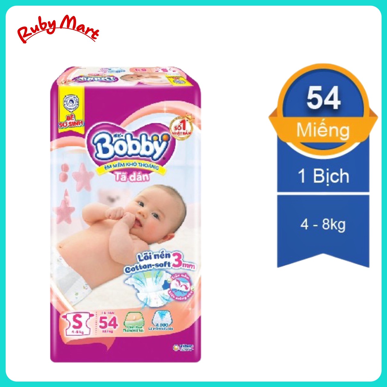 Bỉm Tã dán Bobby Size S 54 miếng (Cho bé 4 - 8kg)