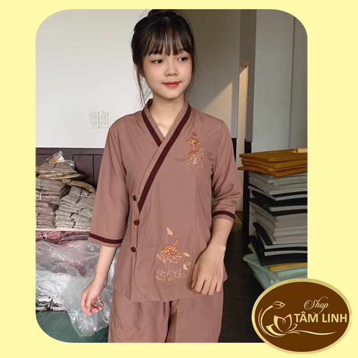 Đồ Lam Đi Chùa _ Mẫu Cài Xéo Thêu Sen