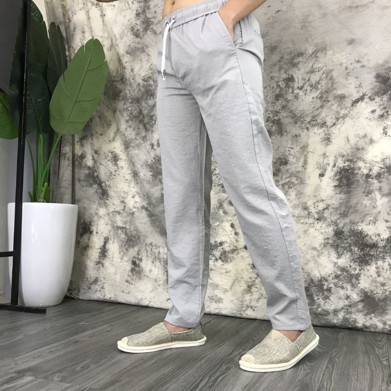 Quần đũi dài nam quần nam chất liệu vải đũi ống côn cạp chun dây rút
