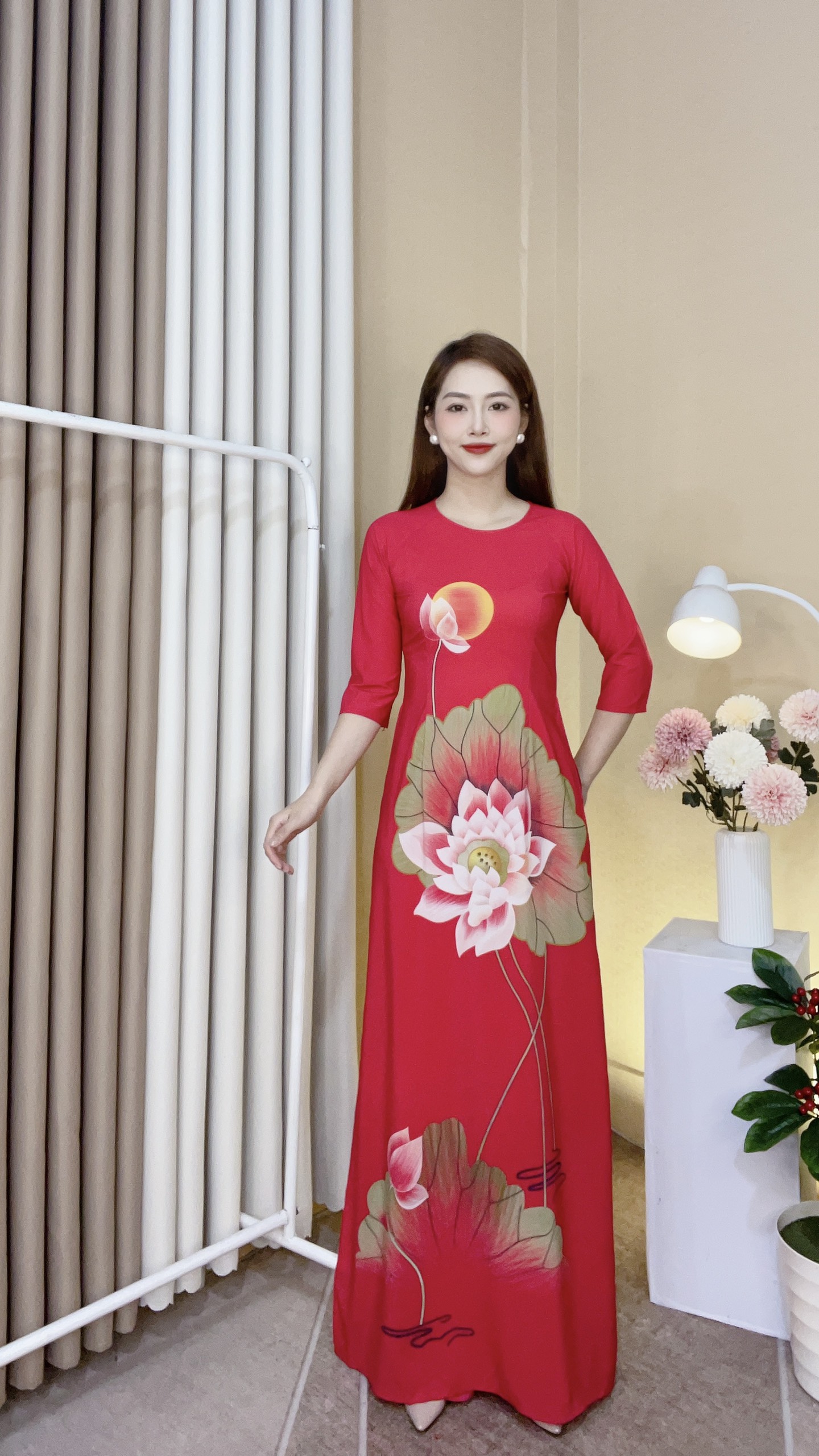 ÁO DÀI TRUYỀN THỐNG IN HOA LỤA NHẬT CAO CẤP