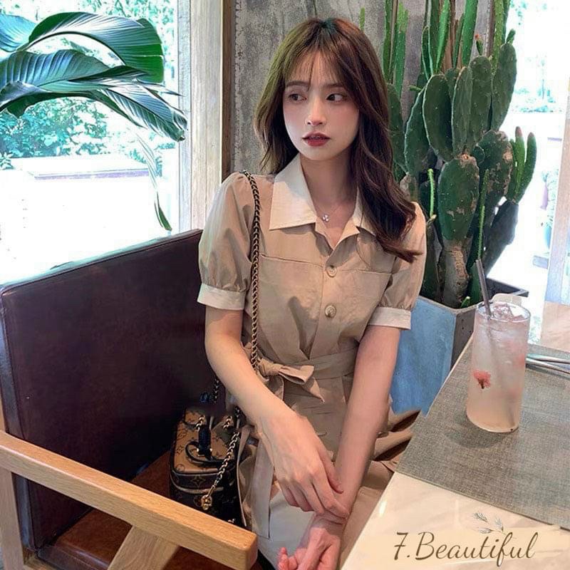 Đầm suông kem phối trắng