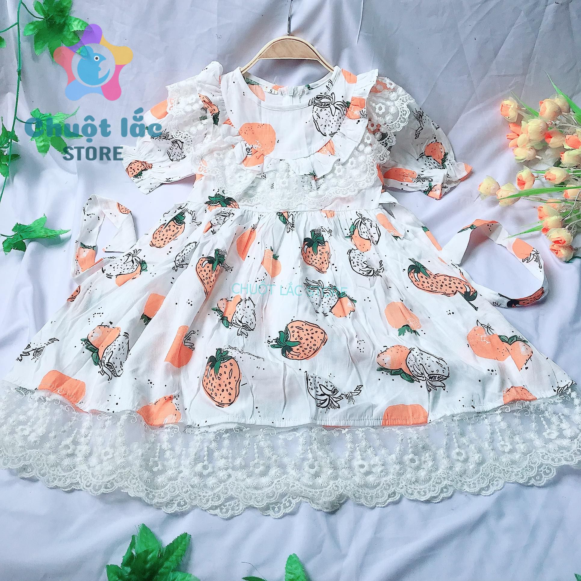 Váy đầm bé gái size đại cổ phối ren hình hoa quả cho bé từ 16kg đến 30kg